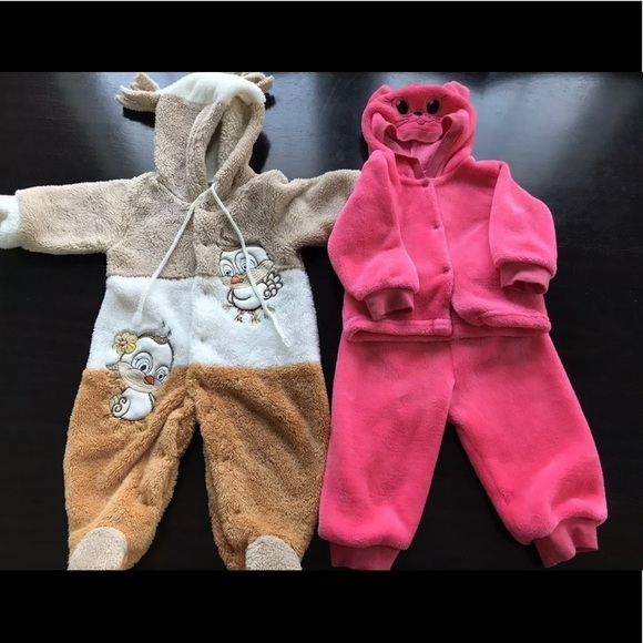Baby Girl Warm Sherpa Bodysuits Lot Of 2, Size 3-9 Months Pink/ Brown Cat/Owl - Picture 1 of 6